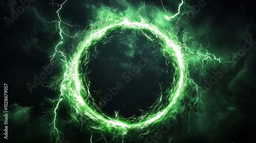 Green electric ring with lightning in a dark sky