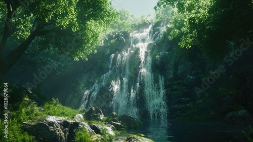 Serene 3D Waterfall in Lush Green Environment