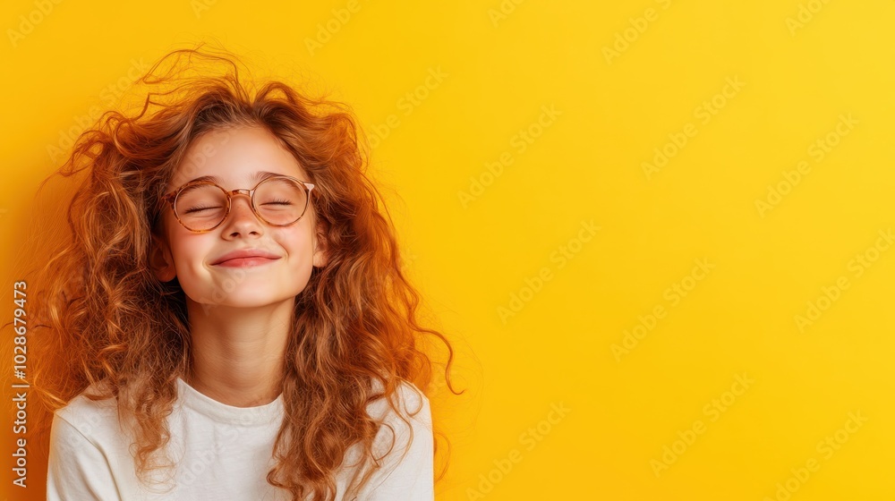 A girl with curly hair and glasses smiles blissfully with closed eyes, set against a bold yellow background, capturing a moment of pure contentment. A girl with curly hair and glasses smiles blissfully with closed eyes, set against a bold yellow background, capturing a moment of pure contentment.