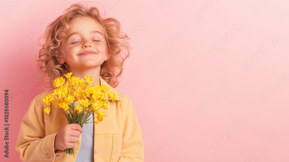 A curly-haired child gleams with a smile as they hold a bouquet of yellow flowers against a pink background, representing joy and the beauty of childhood. A curly-haired child gleams with a smile as they hold a bouquet of yellow flowers against a pink background, representing joy and the beauty of childhood.