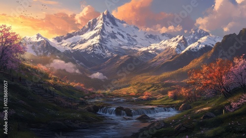 Serene Mountain Valley at Vibrant Sunset