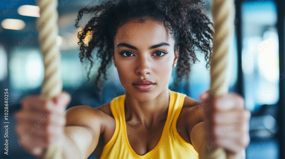 Obraz premium Młoda kobieta w sportowym stroju z energią ciągnie linę podczas intensywnego treningu na siłowni.