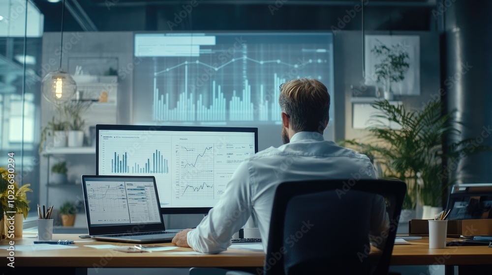 Financial Expert Analyzing Revenue Trends on Multiple Screens Financial Expert Analyzing Revenue Trends on Multiple Screens