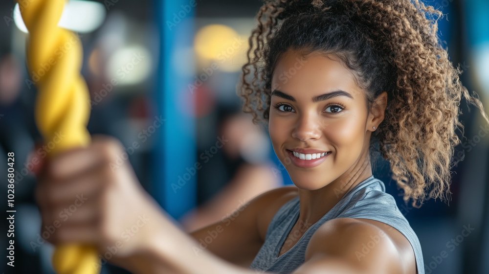 Naklejka premium Młoda kobieta w sportowym stroju z energią ciągnie linę podczas intensywnego treningu na siłowni.