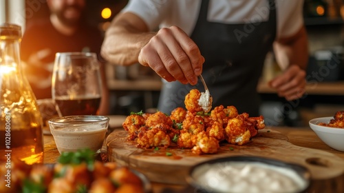 A chef, in a kitchen setting, prepares spicy cauliflower bites on a wooden board, surrounded by bowls of dipping sauces and a wine glass under warm lighting.