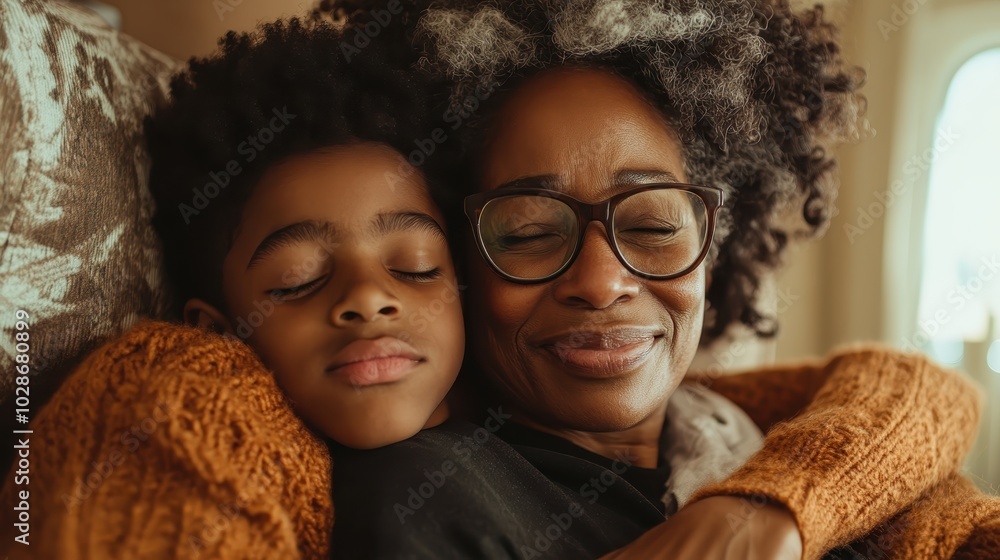 A grandmother and child share a tender embrace, both with eyes closed, wearing cozy sweaters, capturing a moment of warmth and familial love, radiating serenity and comfort. A grandmother and child share a tender embrace, both with eyes closed, wearing cozy sweaters, capturing a moment of warmth and familial love, radiating serenity and comfort.