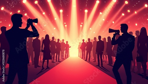 Silhouettes of photographers at tropical red carpet event with palm trees photo