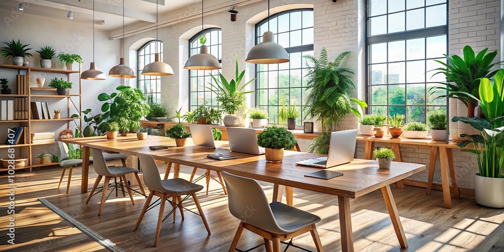 Obraz premium Collaborative Workspace for Content Creators in Minimalist Style: A Serene Environment to Inspire Creativity and Productivity