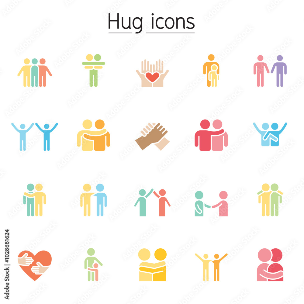 Hug, care, support & friendship icon set in flat color style Hug, care, support & friendship icon set in flat color style