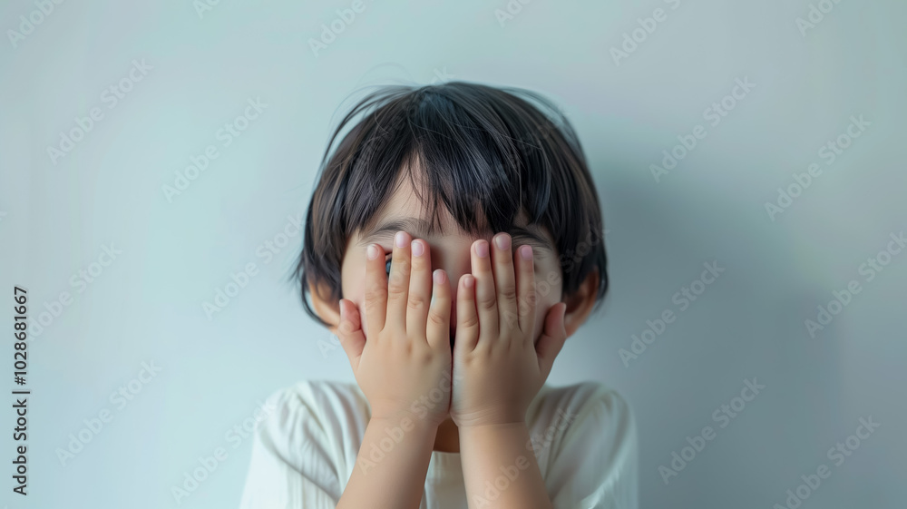 Shy child playfully hiding face behind hands in white shirt Shy child playfully hiding face behind hands in white shirt