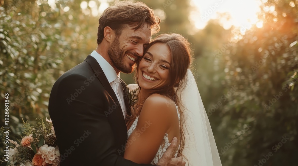 A loving couple shares a joyful embrace outdoors, bathed in warm sunlight, symbolizing love, happiness, and togetherness during a beautiful garden moment.