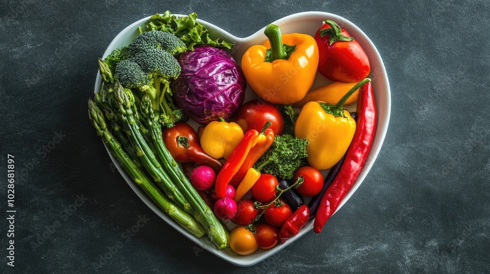 Heart-Shaped Plate of Vibrant Fresh Vegetables Heart-Shaped Plate of Vibrant Fresh Vegetables