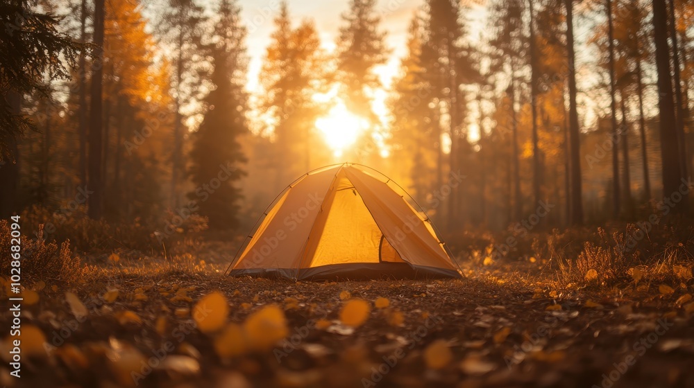 A warmly lit tent is nestled in a vibrant autumn forest, with the soft glow of the sun illuminating the scene, creating a serene and inviting atmosphere. A warmly lit tent is nestled in a vibrant autumn forest, with the soft glow of the sun illuminating the scene, creating a serene and inviting atmosphere.
