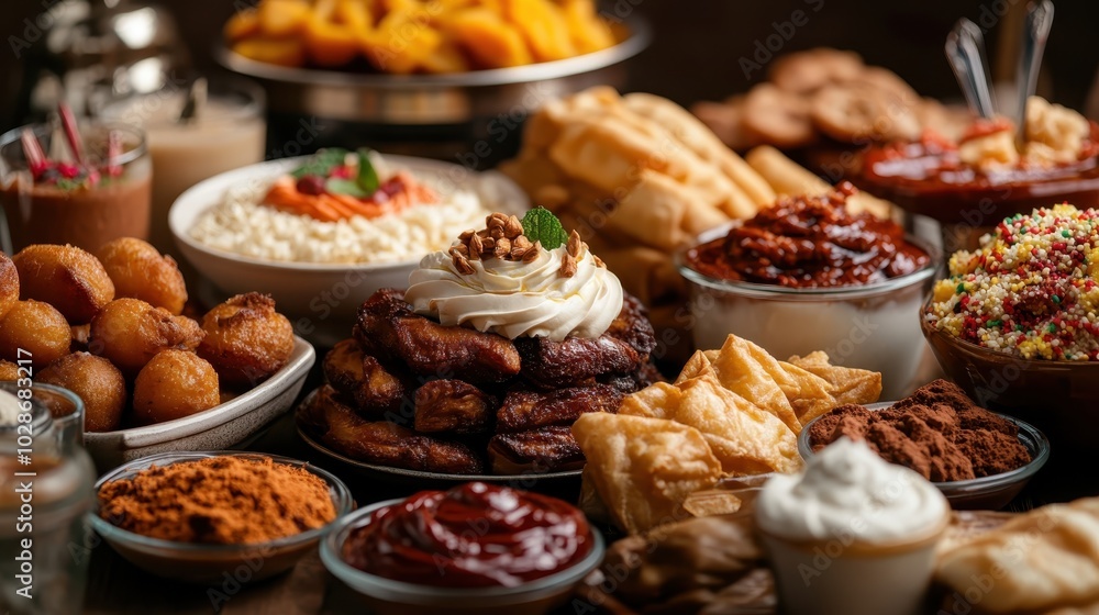 A vibrant collection of assorted sweets and savory dishes arranged beautifully on a table. Various cultural delicacies are included in this mouthwatering spread. A vibrant collection of assorted sweets and savory dishes arranged beautifully on a table. Various cultural delicacies are included in this mouthwatering spread.
