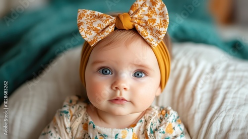 A charming baby girl in a floral dress and bow headband looks inquisitively at the camera, capturing the essence of innocence and curiosity in vibrant colors. photo