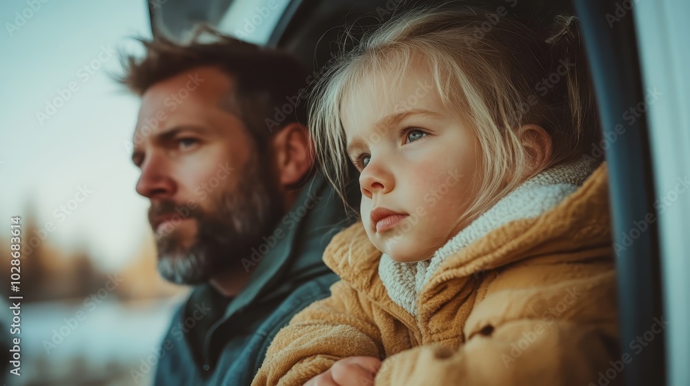 A man and young girl gaze thoughtfully out of a car window, capturing an emotional and thoughtful moment shared between them with a hint of natural backdrop. A man and young girl gaze thoughtfully out of a car window, capturing an emotional and thoughtful moment shared between them with a hint of natural backdrop.