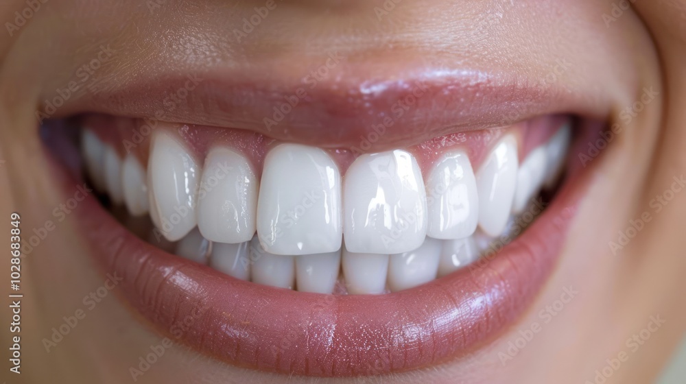 Fototapeta premium Close-up of a Person's Smile with White Teeth and Pink Lips