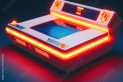 A vintage 1980s arcade game console that glows, re-imagined with artificial intelligence that adapts and changes its games based on the player’s actions photo