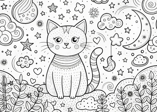 Cute Cartoon Cat Coloring Book Illustration in Black and White - Linear Vector Art for Kids and Adults, Creative Coloring Pages, Fun Designs, Stress Relief, Art Therapy