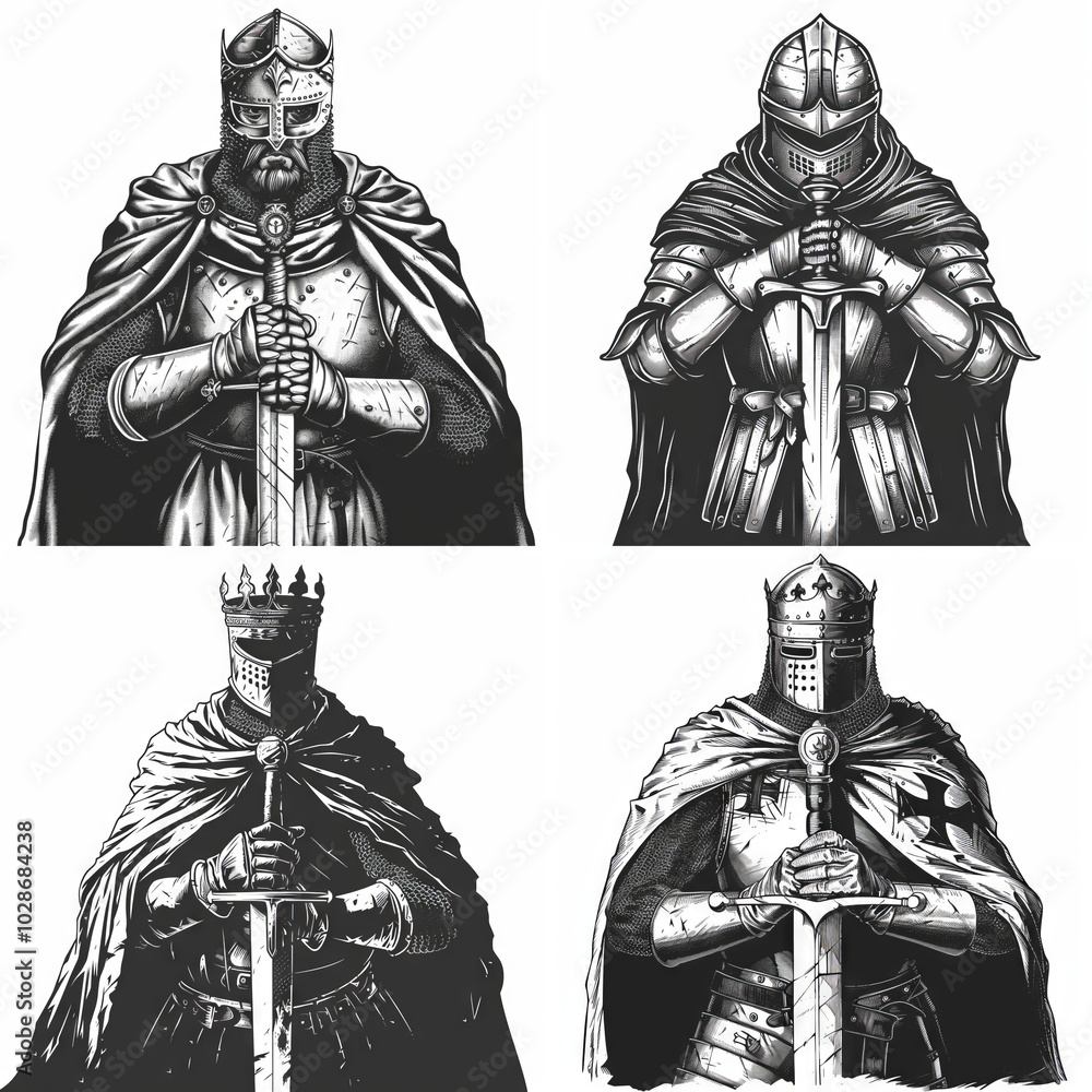 Obraz premium Illustration of a knight holding a sword in front of his chest vector