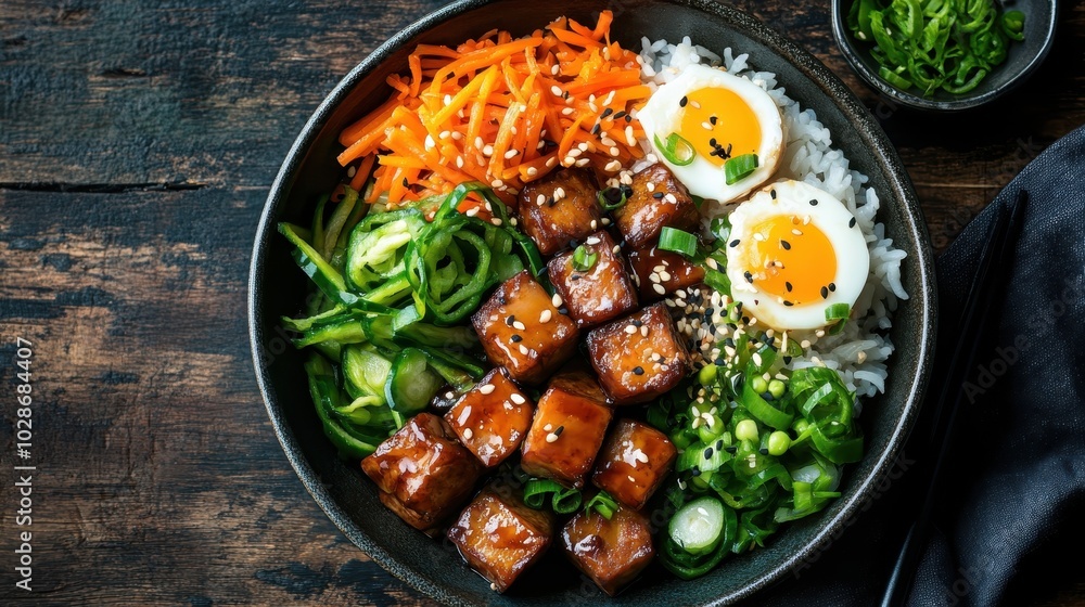 A vibrant bowl is filled with eggs, carrots, cucumber, and glazed tofu, artfully arranged to create a visually appealing display of fresh ingredients. A vibrant bowl is filled with eggs, carrots, cucumber, and glazed tofu, artfully arranged to create a visually appealing display of fresh ingredients.