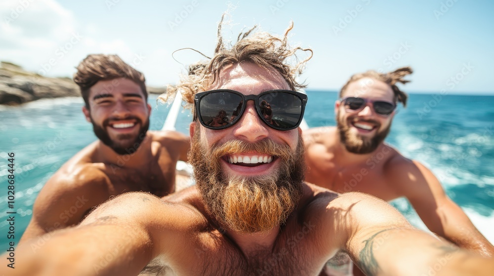 Three smiling men with beards are taking a selfie while enjoying a sunny day on a boat, with a beautiful ocean view in the background under clear skies. Three smiling men with beards are taking a selfie while enjoying a sunny day on a boat, with a beautiful ocean view in the background under clear skies.