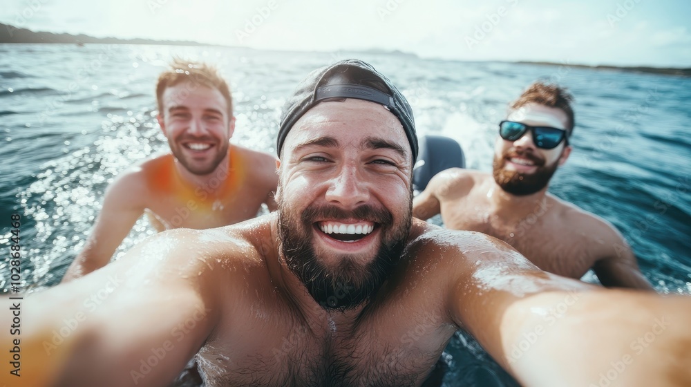 Three bearded men capture a joyful moment on a boat under the bright sun, with smiles and sunglasses, embodying the spirit of a carefree summer adventure. Three bearded men capture a joyful moment on a boat under the bright sun, with smiles and sunglasses, embodying the spirit of a carefree summer adventure.