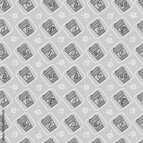 Seamless pattern with the image of beverage cups in the assortment for decorative packaging, printing on paper, greeting cards, wallpaper and fabrics