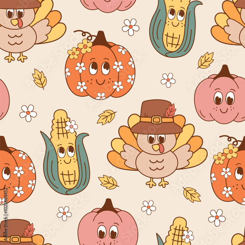 seamless pattern with cute  pumpkins, turkey, corn