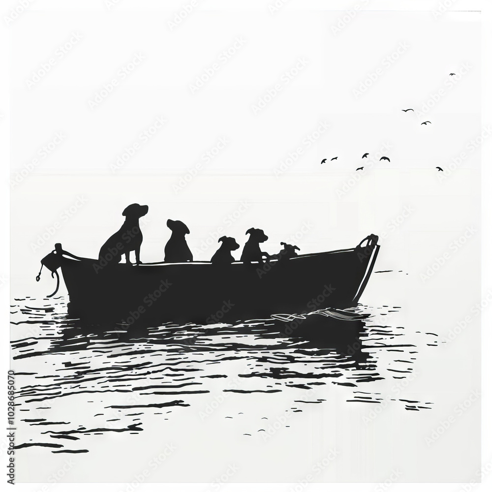 Dogs on a boat floating in middle of the ocean vector Dogs on a boat floating in middle of the ocean vector