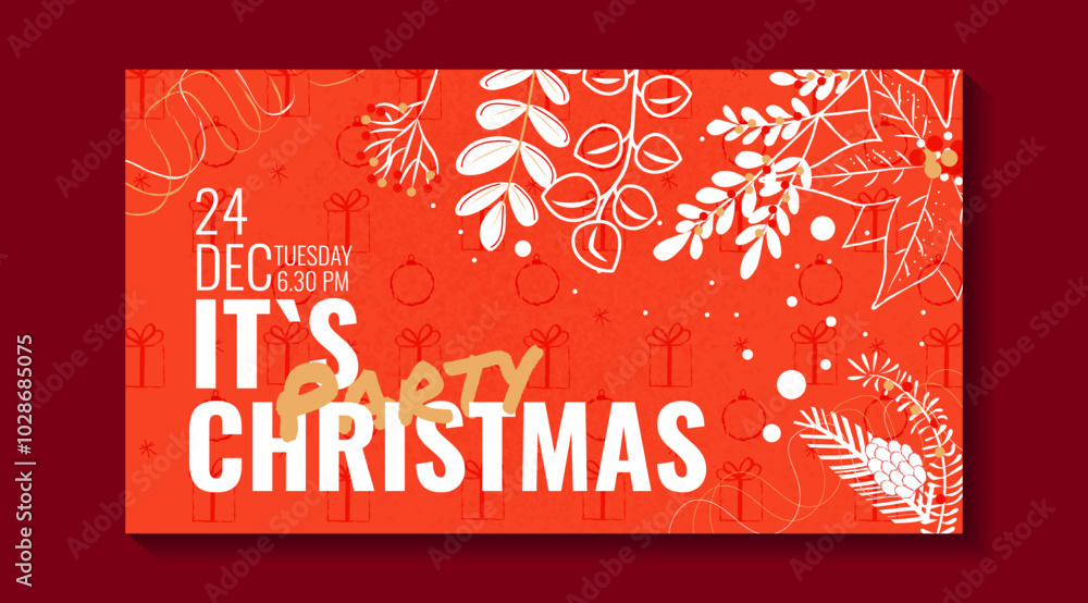 Naklejka premium Merry christmas party flyer brochure design on red background invitation theme concept. Happy holiday greeting banner and card template.
