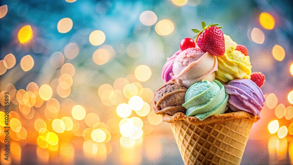 Delightful Big Ice Cream Treat with Bokeh Effect for Summer Vibes and Sweet Indulgence Delightful Big Ice Cream Treat with Bokeh Effect for Summer Vibes and Sweet Indulgence