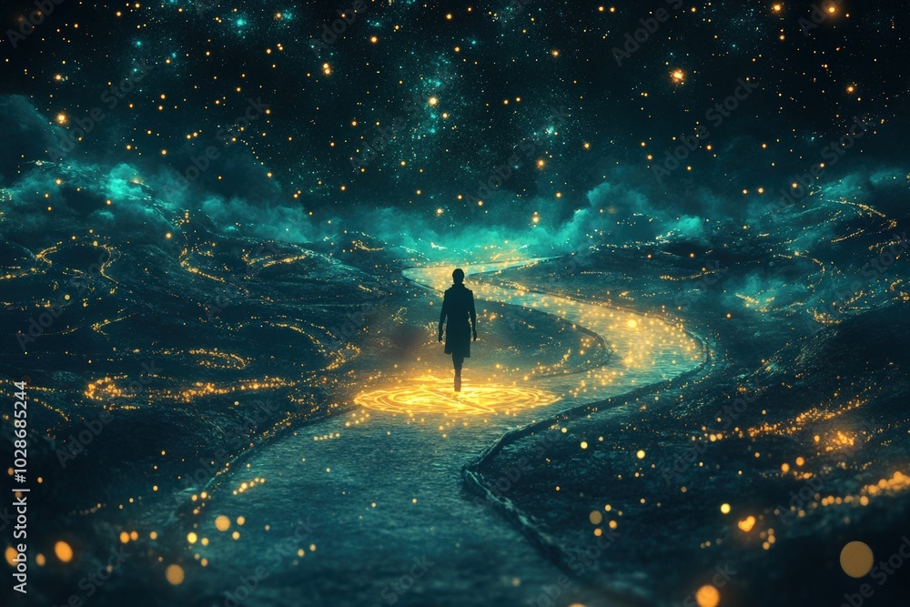 A lone dream traveler floating above a surreal landscape of glowing stars and winding roads, navigating with a glowing compass A lone dream traveler floating above a surreal landscape of glowing stars and winding roads, navigating with a glowing compass