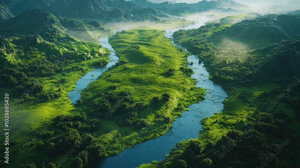 Serene 3D View of Lush Green Valley Serene 3D View of Lush Green Valley