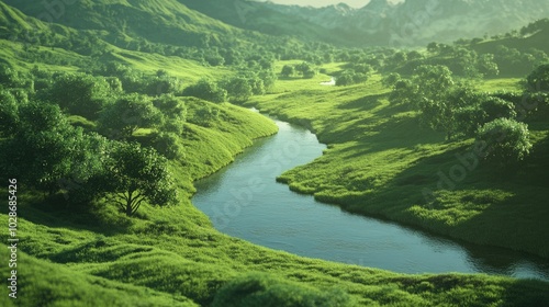 Serene 3D View of a Lush Green Valley