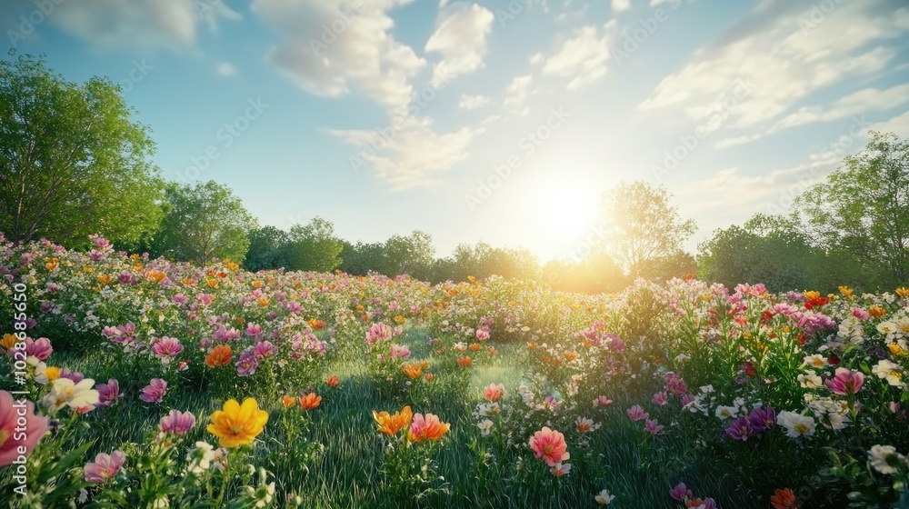 Serene Landscape with Colorful Blossoming Flowers Serene Landscape with Colorful Blossoming Flowers