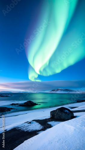 Wallpaper Mural A breathtaking night sky filled with vibrant green and purple auroras dancing above a snowy landscape Torontodigital.ca