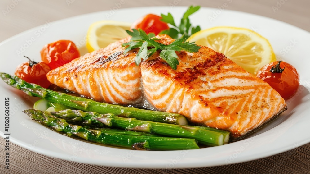 Close-Up View of Succulent Fried Salmon with Vegetables Close-Up View of Succulent Fried Salmon with Vegetables