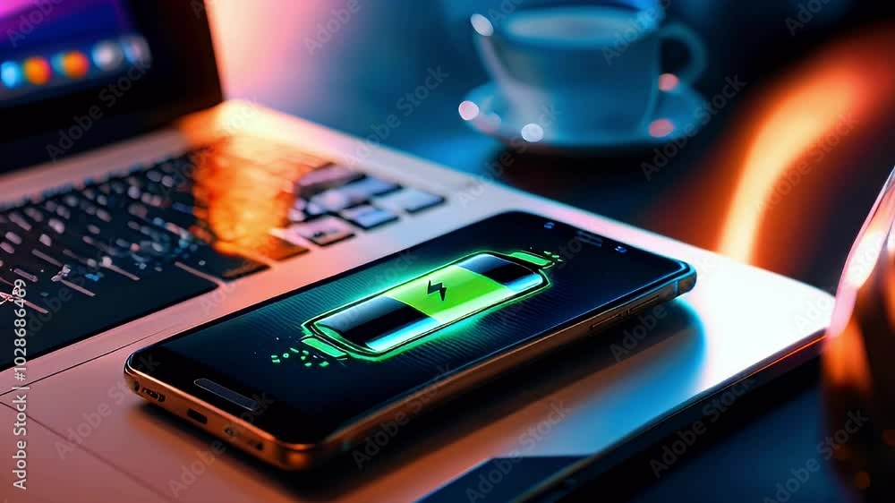 Smartphone with full battery on a table. Smartphone with full battery on a table.