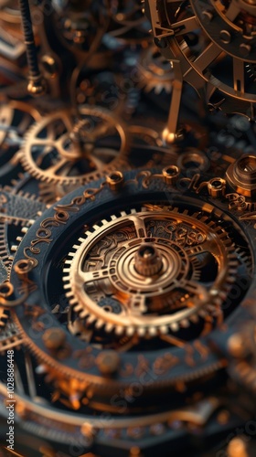 Intricate clockwork gears in a steampunk device, 4K hyperrealistic photo.