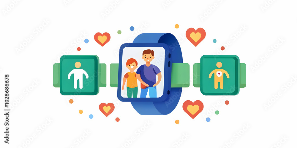 Close-Up of Family Members Sending Digital Messages via Smart Device Wristbands with Floating Holographic Icons - Celebrating Love and Connection Through Wearable Tech in Photo Stock Concept Close-Up of Family Members Sending Digital Messages via Smart Device Wristbands with Floating Holographic Icons - Celebrating Love and Connection Through Wearable Tech in Photo Stock Concept