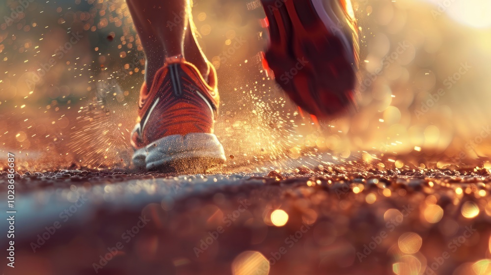 Close-up of a Runner's Foot Landing on a Track with Golden Light and Dust Close-up of a Runner's Foot Landing on a Track with Golden Light and Dust