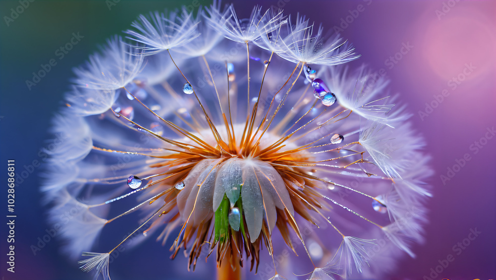 Delicate Elegance of a Dandelion: A Close-Up View of Fragile White Parachutes with Dewdrops Reflecting Light Against a Blurred Purple and Blue Background, Showcasing the Natural Harmony and Beauty Delicate Elegance of a Dandelion: A Close-Up View of Fragile White Parachutes with Dewdrops Reflecting Light Against a Blurred Purple and Blue Background, Showcasing the Natural Harmony and Beauty