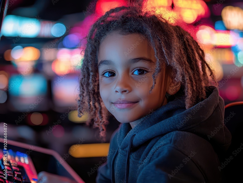 joyful portrait of a young boy immersed in gaming at a vibrant club during nighttime. the colorful lights reflect his excitement, creating an energetic ambiance filled with youthful enthusiasm joyful portrait of a young boy immersed in gaming at a vibrant club during nighttime. the colorful lights reflect his excitement, creating an energetic ambiance filled with youthful enthusiasm