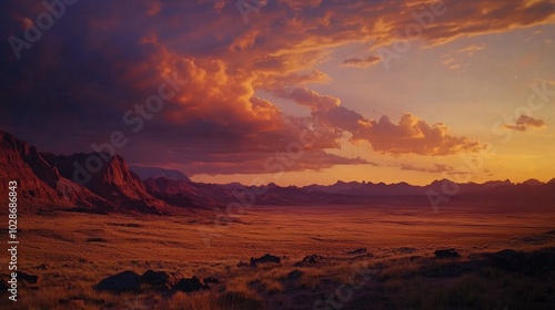 Rocky hills against a vivid sunset sky in a remote desert region.