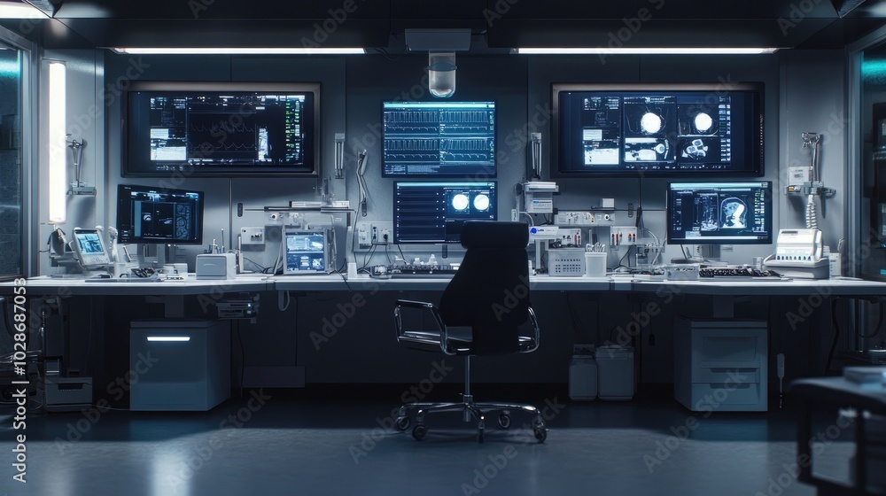 Organized nurse station with clean medical devices and high-tech monitors. Organized nurse station with clean medical devices and high-tech monitors.
