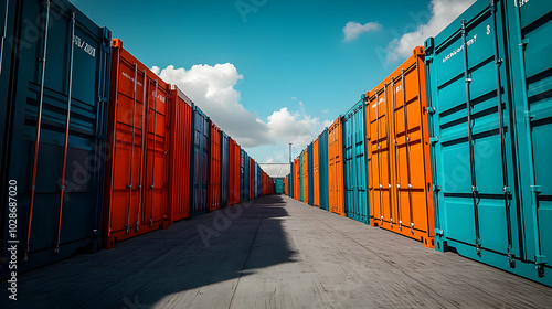 A row of shipping containers in vibrant colors under a blue sky. photo