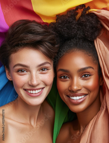 Two young multiethnic women covered with multi-colored fabric photo