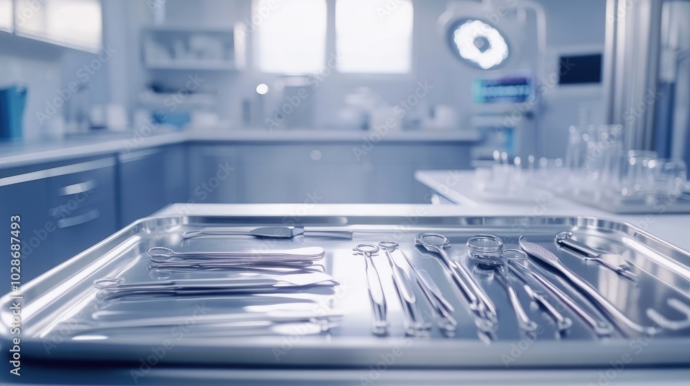 Modern surgical instruments laid out on a clean stainless steel tray in a well-lit operating room. Modern surgical instruments laid out on a clean stainless steel tray in a well-lit operating room.
