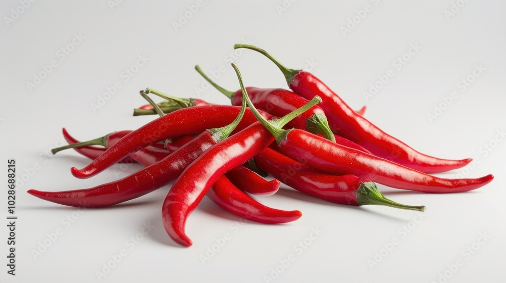 A Group of Bright Red Chili Peppers on a White Background A Group of Bright Red Chili Peppers on a White Background